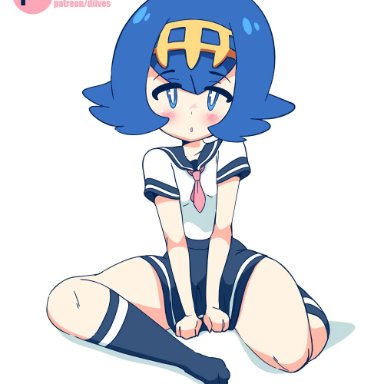 :p, 1girl, 2019, animated, belly, blue eyes, blue hair, blue socks, blush, bottomless, breasts, dated, diives, feet, female