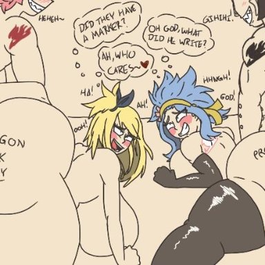 2boys, 2girls, anal, black and white, blush, cross-eyed, enjoying, fairy tail, female, gajeel redfox, grinning, huge ass, huge balls, huge breasts, huge cock