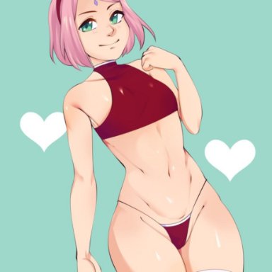 1girl, abs, breasts, elvirahentai, female, female only, flat chest, looking at viewer, naruto, panties, pink hair, sakura haruno, small breasts, solo, thick thighs