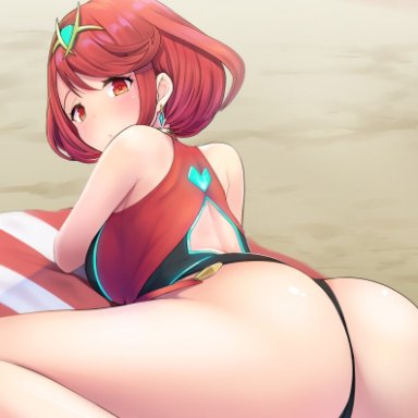 1girl, amekosame, ass, back cutout, bangs, bare legs, bare shoulders, beach, beach towel, blush, breasts, cameltoe, closed mouth, commentary request, competition swimsuit