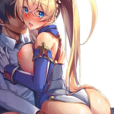 1boy, 1girl, ass, back, bangs, bare shoulders, blonde hair, blue eyes, blush, bradamante (fate/grand order), braid, breast press, breasts, butt crack, commentary request