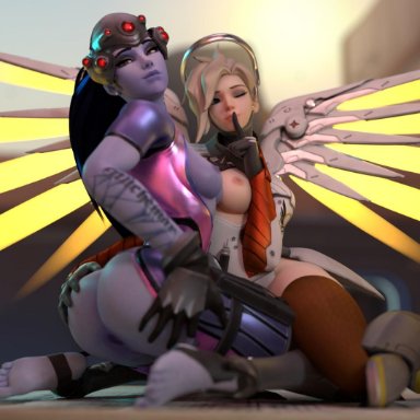 3d, ass, blonde hair, blue hair, breasts, duo, ellowas, feet, female, female only, looking at viewer, mercy, overwatch, widowmaker, wings