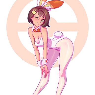 1girl, alternate outfit, bent over, big ass, blush, breasts, brown eyes, brown hair, bunnysuit, choker, cleavage, clothes, cosplay, eyelashes, fake ears