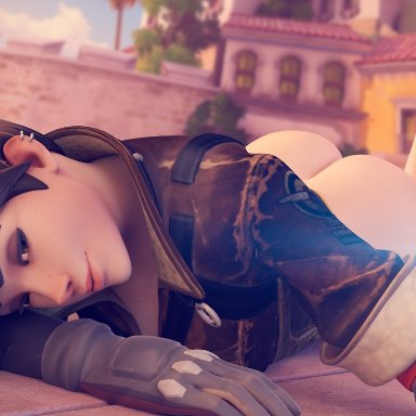 3d, ass, blender, brown hair, castillo (map), daintydjinn, feet, female, female only, legs, overwatch, solo female, tracer