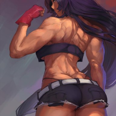 ass, clothing, curvy, cutesexyrobutts, female, female only, gloves, hair, ikkitousen, kanu unchou, long hair, looking back, muscles, muscular, muscular female