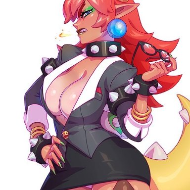 1girl, big breasts, bowsette, breasts, cleavage, dark skin, dark-skinned female, dress, female, female only, kajinman, large breasts, looking at viewer, solo, super mario bros.