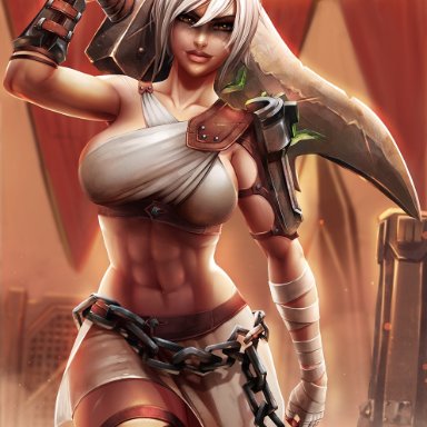 abs, background, chains, clothed, clothing, female, female only, league of legends, lips, looking at viewer, luminyu, makeup, muscle, muscles, muscular