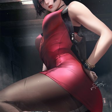 ada wong, ass, breasts, capcom, cleavage, female, female only, looking at viewer, looking back, panties, pantyhose, resident evil, solo, zumi