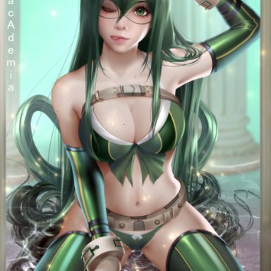 bearwitch, breasts, cleavage, female, female only, looking at viewer, my hero academia, panties, solo, thighhighs, tsuyu asui