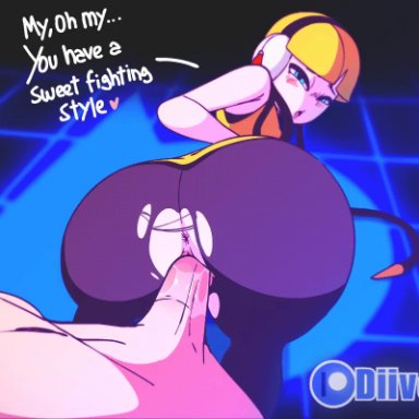 animated, big ass, blue background, blue eyes, blush, diives, doggy style, kamitsure (pokemon), looking at viewer, looking back, open mouth, penis, ripped clothing, sex, text