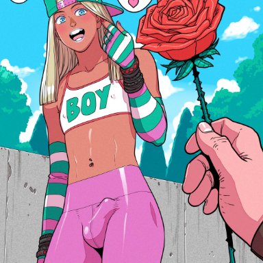 blonde hair, blue eyes, bulge, candy (tekuho), cap, femboy, girly, long hair, male, pov, speech bubble, standing, tan, tank top, tanned