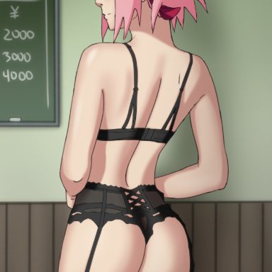 black bra, black panties, female, furutaka (artist), green eyes, naruto, naruto shippuden, pink hair, sakura haruno, short hair, text, watermark