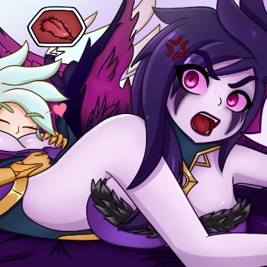 2girls, angry, armor, eyebrows visible through hair, highres, incest, kayle, league of legends, licking, morgana, oral, purple hair, purple skin, sisters, wings