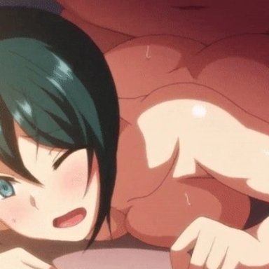 animated, aqua eyes, bangs, blush, breasts, doggy style, eyebrows visible through hair, fat, fat man, female, green eyes, green hair, hasegawa akane, indoors, leaning forward