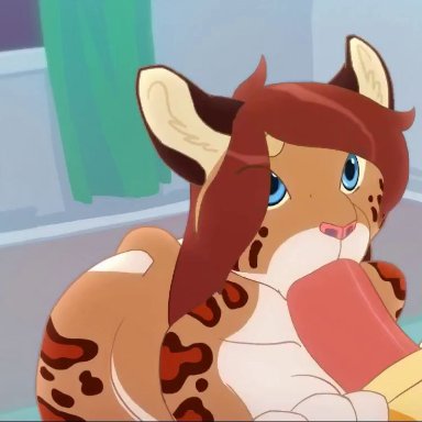 animal ears, animated, anthro, bed, bedroom, blinking, blue eyes, book, brown fur, cum, cum in mouth, cum inside, cum swallow, cumshot, deepthroat