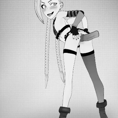 3d, ahe gao, animated, anus, ass, bottomless, braid, disembodied penis, female, female focus, jinx (league of legends), league of legends, monochrome, no audio, penis