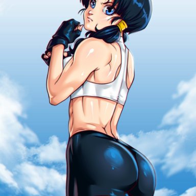 angry, ass, black hair, blue eyes, clothed, clothing, dragon ball, dragon ball z, female, female only, fit, medium hair, muscles, muscular, muscular female