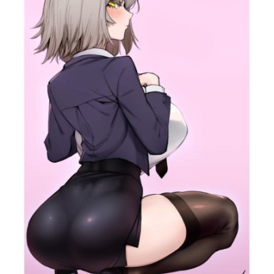 blush, breasts, cleavage, fate (series), fate/grand order, female, female only, high heels, j.k., jeanne alter, looking at viewer, looking back, solo, squatting, thighhighs