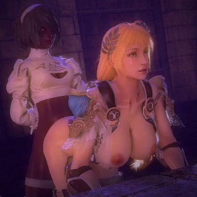 3d, animated, bent over, bottomless, bouncing breasts, bouquetman, braided hair, breasts, cleavage cutout, crossover, dark skin, dark-skinned futanari, dickgirl, endured face, eye roll