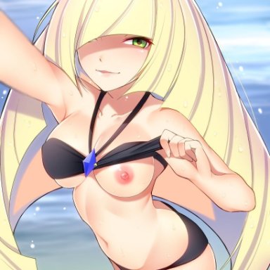 1girl, aether foundation, areola, armpits, ass, bare shoulders, belly, big breasts, bikini, black bikini, blonde hair, blush, breasts, clothed, eye contact