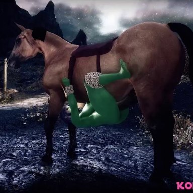 animated, areolae, belly riding, big ass, big breasts, female on feral, feral on female, green skin, horse, horsecock, huge breasts, komanim, komotor, sexlab, skyrim