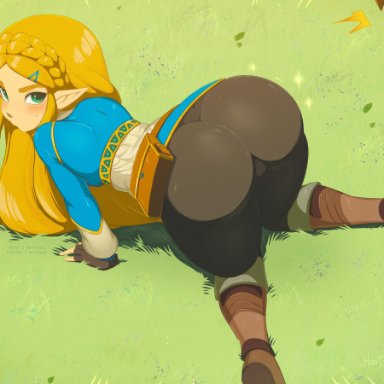 all fours, ass, bent over, big ass, big butt, blonde hair, blush, braid, breath of the wild, clothes, female, fingerless gloves, gloves, gold hair, green eyes