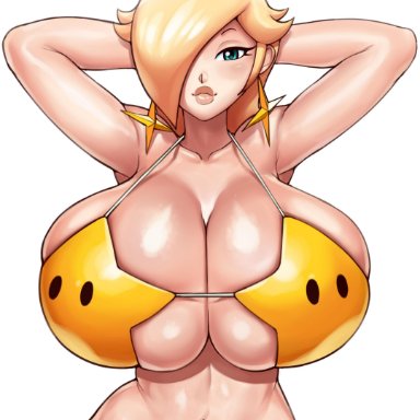 bikini, blonde hair, blue eyes, breasts, cleavage, female, female only, gray impact, huge breasts, looking at viewer, luma bikini, princess rosalina, solo, super mario bros., super mario galaxy