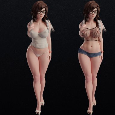 3d, arhoangel, bikini, blender, blizzard entertainment, breasts, brown hair, cleavage, female, glasses, highres, large breasts, long hair, mei (overwatch), nipples