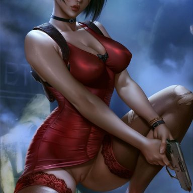 1girls, absurdres, ada wong, blood, breasts, cleavage, dress, female, female only, gun, high heels, highres, logan cure, pussy, resident evil