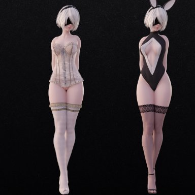 3d, arhoangel, bikini, blender, blindfold, breasts, bunnygirl, bunnysuit, cleavage, corset, female, highres, micro bikini, nier, nier: automata