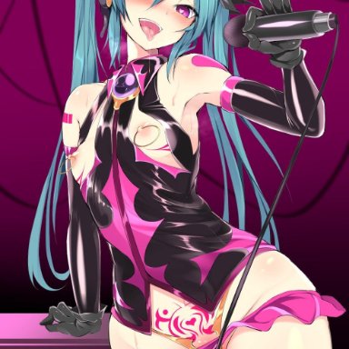 aqua hair, arm support, armpits, black gloves, blush, breasts, breasts outside, crotch tattoo, dark persona, dripping pussy, elbow gloves, female, gloves, hair between eyes, hatsune miku
