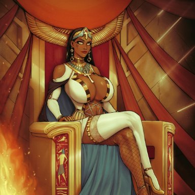 1girls, breasts, cleavage, dark skin, dark-skinned female, devil hs, earrings, egyptian, egyptian mythology, eyeliner, female, female only, fishnets, full cleavage, huge breasts