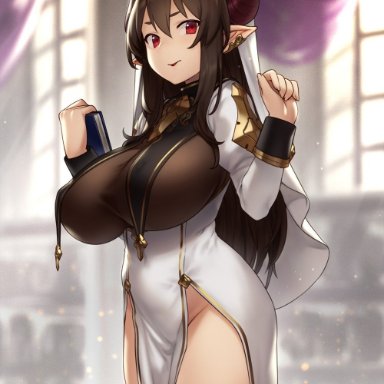 1girls, big breasts, black horns, book, bottomless, breasts, brown hair, cleavage, curved horns, demon, demon horns, female, female only, headdress, holding object