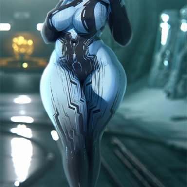 1girl, big breasts, blue skin, breasts, chubby, cleavage, cortana, curvy, feet, female, female only, full body, halo (series), hourglass figure, huge breasts