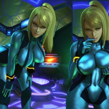 1girls, 3d, big breasts, blonde hair, bodysuit, breasts, cleavage, female, female only, large breasts, looking at viewer, metroid, samus aran, solo, source filmmaker