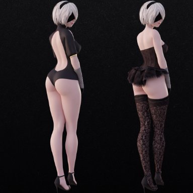 3d, arhoangel, ass, blender, blindfold, boots, breasts, dress, female, highe heels, highres, leotard, nier, nier: automata, nipples