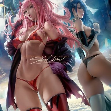 2girls, abs, ass, big ass, bikini, blue hair, bra, breasts, cleavage, clothed, darling in the franxx, duo, female, female only, horns