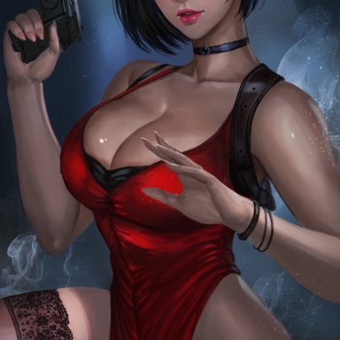 ada wong, black hair, capcom, choker, cleavage, dress, female, gun, large breasts, resident evil, resident evil 2, short hair, sitting, soffa, solo