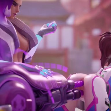 2girls, 3d, anal, anal insertion, animated, ass, bent over, blender, blizzard entertainment, cawneil, d.va, double penetration, female, no sound, overwatch