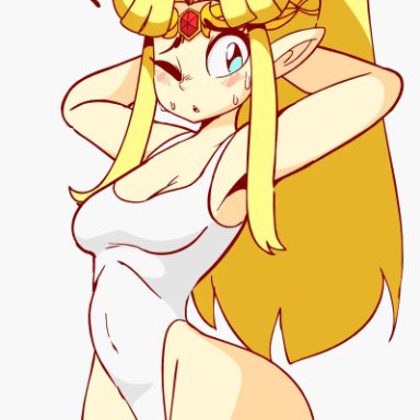 1girl, animated, blonde hair, blue eyes, blush, bouncing breasts, breasts, clothed, dialogue, diives, elf, english text, humanoid, hylian, leotard