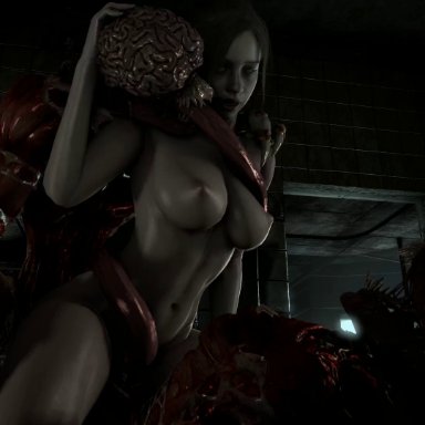 2monsters, 3d, animated, beastlyjoe, big breasts, bouncing breasts, claire redfield, cowgirl position, dark image, double penetration, from behind, grabbing from behind, hand on head, licker, monster