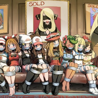 12girls, aether foundation, alternate hairstyle, alternate outfit, arms behind back, arms tied, astolfo (fate), ball gag, bandana, bare shoulders, barefoot, belly, black hair, black thighhighs, blindfold