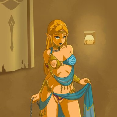 belly dancer, blonde hair, blue eyes, breasts, breath of the wild, clothed, clothing, dialogue, english text, female, hair, humanoid, hylian, jewelry, long hair