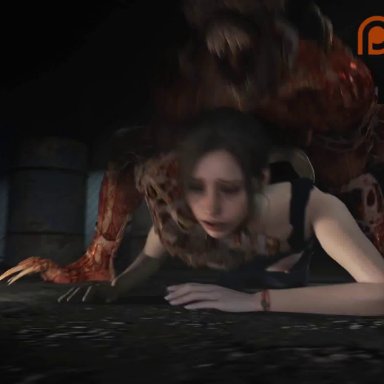 3d, all fours, animated, claire redfield, defeated, doggy style, grabbing from behind, gun, helpless, leon scott kennedy, licker, on the ground, oscarkim123, pants down, rape