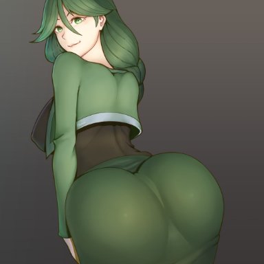 1girls, ass, back, bending over, braid, braided hair, breasts, cheryl (pokemon), clothed, dress, eye contact, female, female only, green eyes, green hair