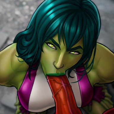 1boy, 1girls, breasts, cleavage, erection, fellatio, female, hulk (series), jennifer walters, male, marvel, oral, penis, pumpkinsinclair, she-hulk