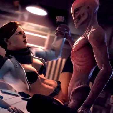 1girl, 1monster, 3d, alien, animated, bald, belt, bottomless, bra, cleft of venus, clothed female nude male, defeated, doctor vahlen, dubious consent, endured face