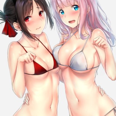 2girls, bikini, black hair, blue eyes, blush, bow tie, cat ears, female only, fujiwara chika, human, human only, kaguya-sama: love is war, large breasts, long hair, pink hair