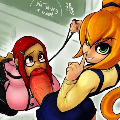 1futa, 1girl, arms tied, big breasts, big penis, bimbo, blackboard, blue skirt, bondage, bound wrists, busty, chalkboard, circumcised, classroom, clothed