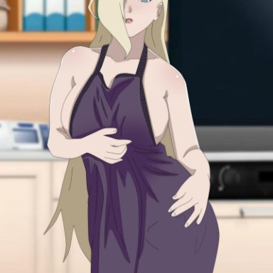 1girls, agung911, alternate breast size, apron, bare shoulders, big ass, blonde hair, blue eyes, boruto: naruto next generations, breasts, cleavage, eye contact, eyelashes, female, female only